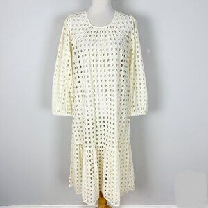 V DE VINSTER Shiffli Eyelet Midi Dress Ivory Tiered Boho Size Medium Women's